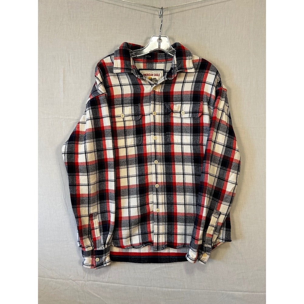 American Eagle Mens Plaid Flannel Button Down Shirt Red Navy White Medium